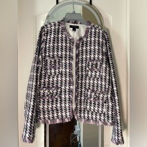 Beautiful Halogen Tweed Blazer. Navy and Lavender. Fringe detail. Gray buttons.